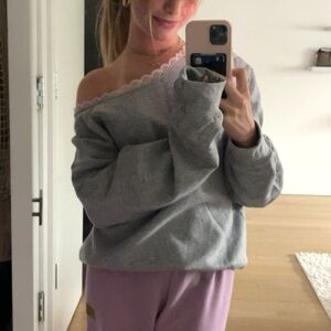 Gray Off-Shoulder Women's Sweater with sewn on lace trim